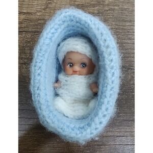 Vintage Kewpie Doll vinyl Rubber moveable arms Head jointed With Cradle A18